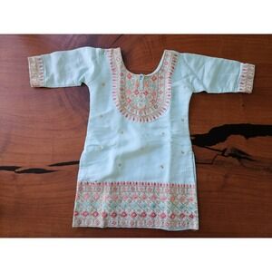 Girl Sky Blue Cotton Sequence Embroidery Kurta, Size 3T, Traditional Dress Tunic